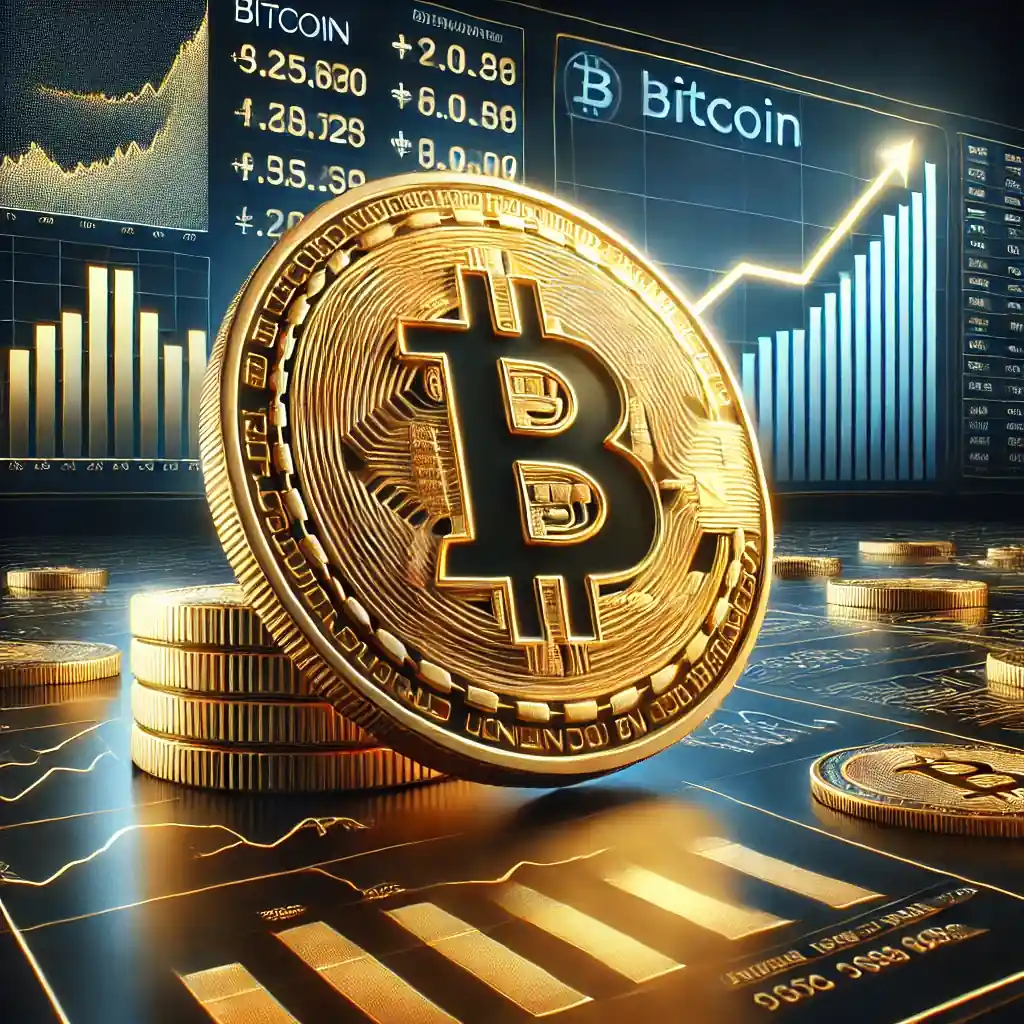 An ultra-realistic golden Bitcoin displayed on a financial graph with a steep upward trend, symbolizing its historic price surge and institutional adoption.