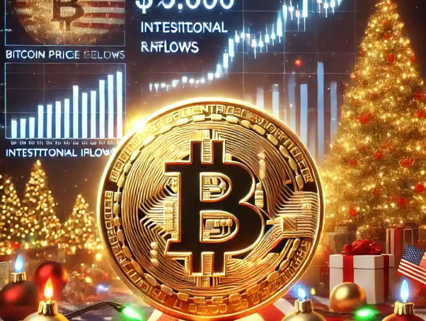 A glowing golden Bitcoin coin set against holiday lights, with financial charts showing price stability and elements of pro-crypto optimism.