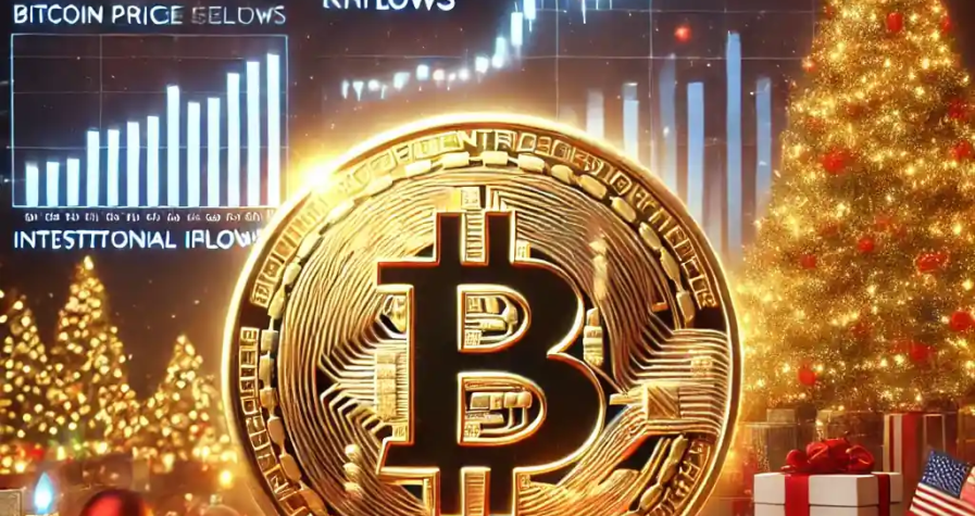 A glowing golden Bitcoin coin set against holiday lights, with financial charts showing price stability and elements of pro-crypto optimism.