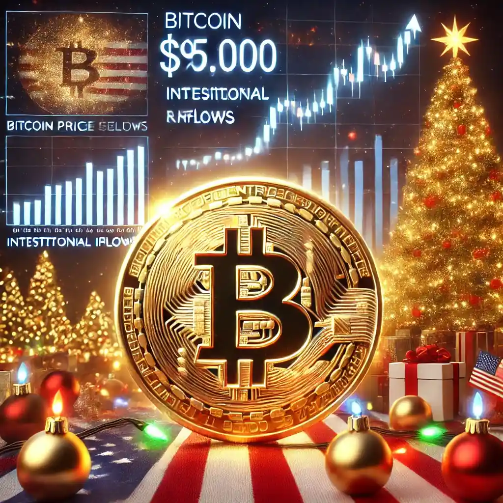 A glowing golden Bitcoin coin set against holiday lights, with financial charts showing price stability and elements of pro-crypto optimism.
