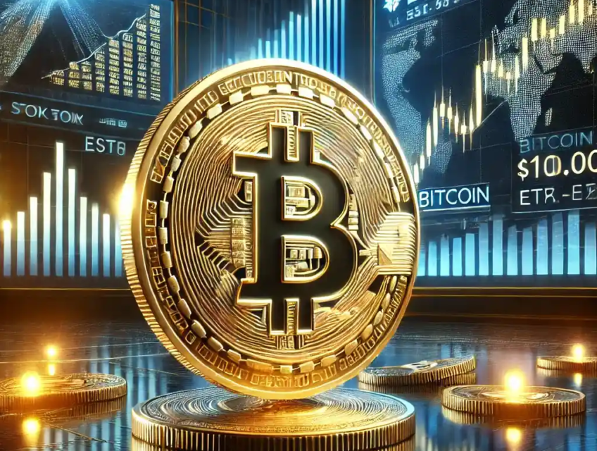 A large golden Bitcoin displayed against a futuristic backdrop of glowing financial graphs and stock market tickers, symbolizing Bitcoin's $100,000 milestone.