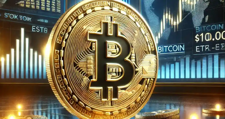 A large golden Bitcoin displayed against a futuristic backdrop of glowing financial graphs and stock market tickers, symbolizing Bitcoin's $100,000 milestone.