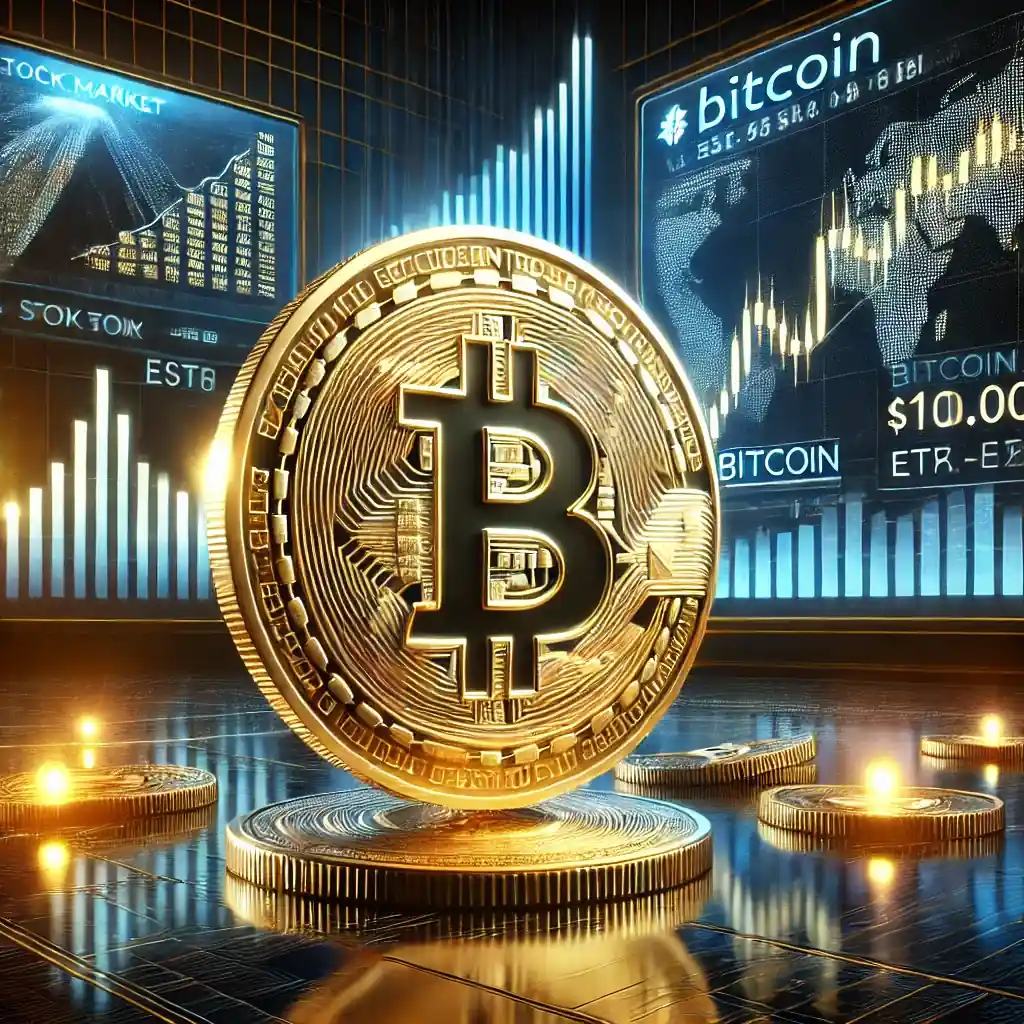 A large golden Bitcoin displayed against a futuristic backdrop of glowing financial graphs and stock market tickers, symbolizing Bitcoin's $100,000 milestone.