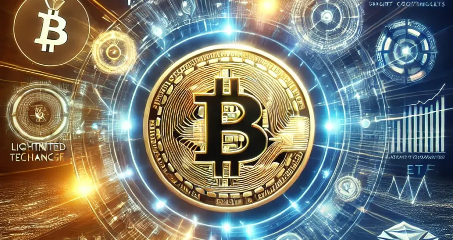 A futuristic digital artwork showcasing a glowing Bitcoin coin encircled by dynamic digital layers, representing Layer-2 technologies, smart contracts, and decentralized finance growth.