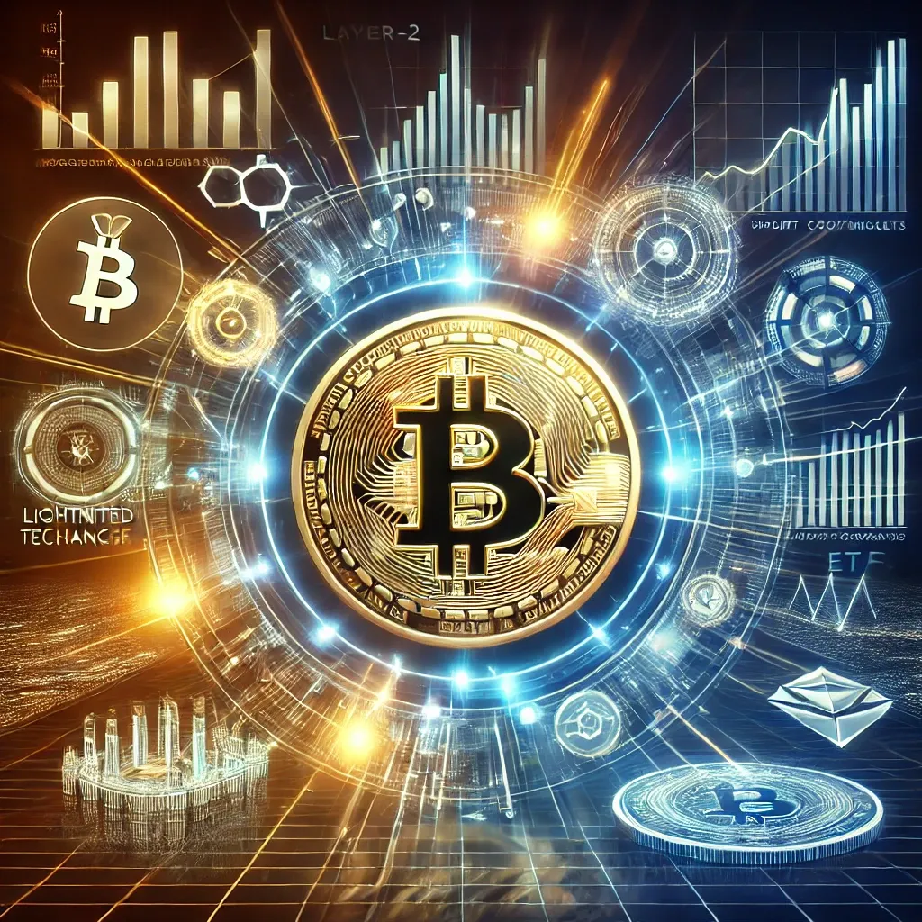 A futuristic digital artwork showcasing a glowing Bitcoin coin encircled by dynamic digital layers, representing Layer-2 technologies, smart contracts, and decentralized finance growth.