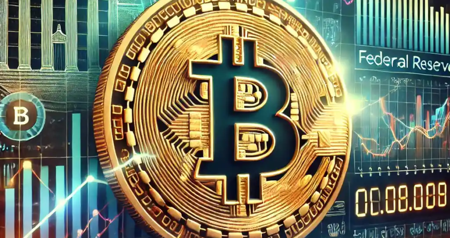 An ultra-realistic Bitcoin coin with financial graphs showing fluctuating trends, symbolizing market volatility and the impact of Federal Reserve policies.