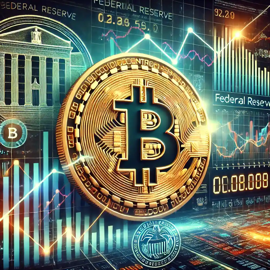 An ultra-realistic Bitcoin coin with financial graphs showing fluctuating trends, symbolizing market volatility and the impact of Federal Reserve policies.