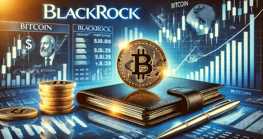 Illustration professionnelle représentant la recommandation de BlackRock d'inclure le Bitcoin dans les portefeuilles d'investissement avec des graphiques financiers et des symboles de diversification.