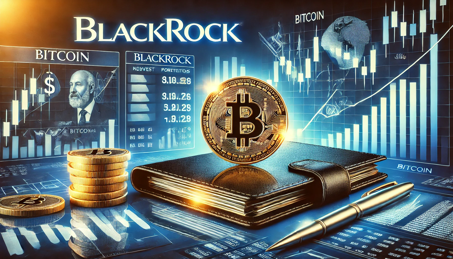 Illustration professionnelle représentant la recommandation de BlackRock d'inclure le Bitcoin dans les portefeuilles d'investissement avec des graphiques financiers et des symboles de diversification.