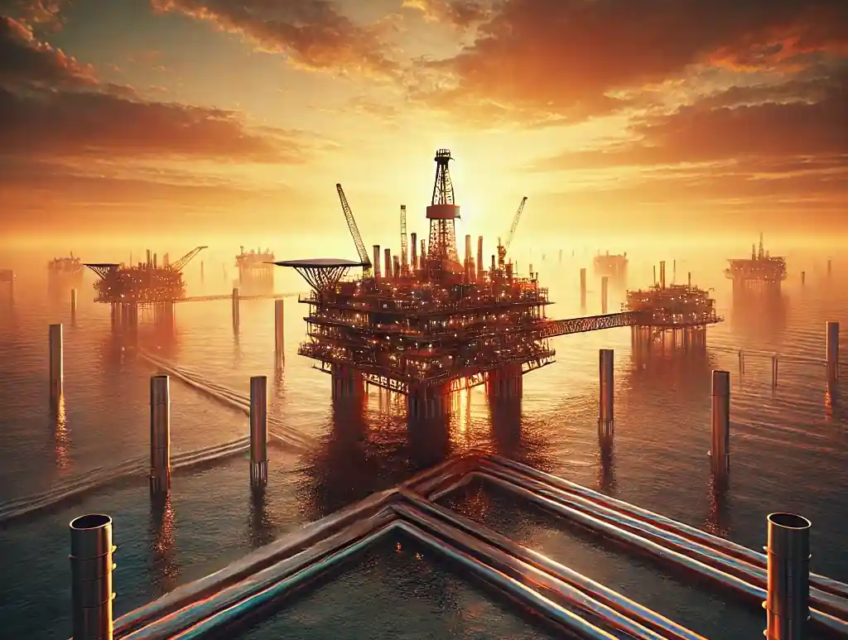 An ultra-realistic offshore oil platform in the Gulf of Mexico at sunset, symbolizing energy trade and strategic transitions in the oil industry.