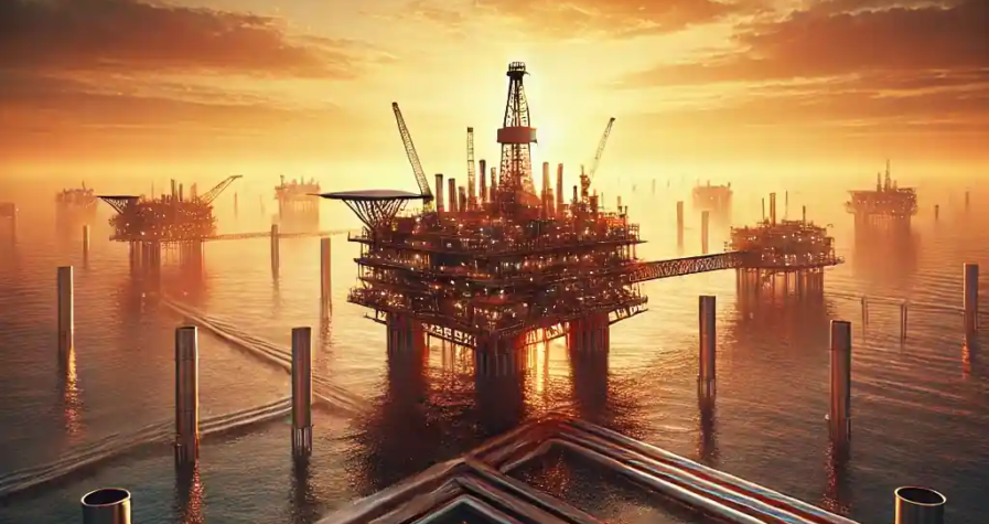 An ultra-realistic offshore oil platform in the Gulf of Mexico at sunset, symbolizing energy trade and strategic transitions in the oil industry.