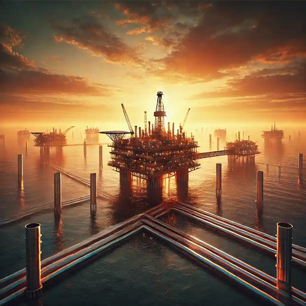 An ultra-realistic offshore oil platform in the Gulf of Mexico at sunset, symbolizing energy trade and strategic transitions in the oil industry.