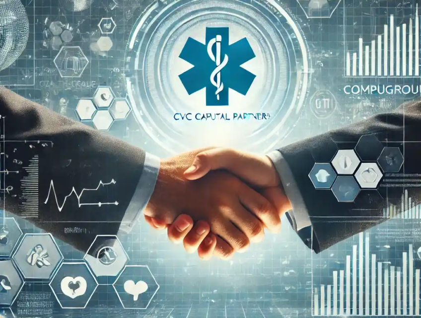 A digital artwork depicting the acquisition of CompuGroup by CVC Capital Partners, featuring a handshake between business figures in a futuristic setting with financial graphs and health-care IT icons in a blue color scheme.