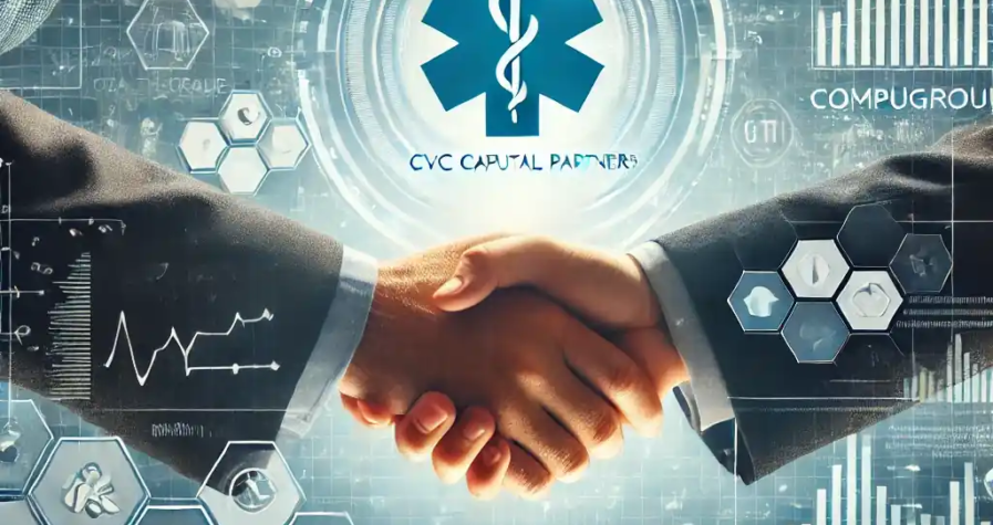 A digital artwork depicting the acquisition of CompuGroup by CVC Capital Partners, featuring a handshake between business figures in a futuristic setting with financial graphs and health-care IT icons in a blue color scheme.
