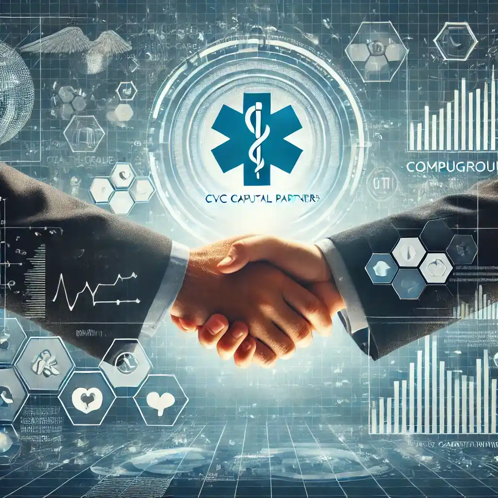 A digital artwork depicting the acquisition of CompuGroup by CVC Capital Partners, featuring a handshake between business figures in a futuristic setting with financial graphs and health-care IT icons in a blue color scheme.