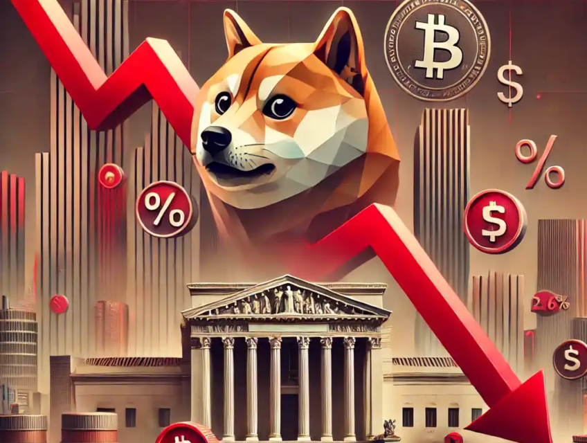 Illustration réaliste représentant la baisse du Dogecoin avec un graphique en déclin, le logo Dogecoin, et des éléments symboliques liés à la Réserve fédérale.
