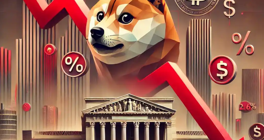 Illustration réaliste représentant la baisse du Dogecoin avec un graphique en déclin, le logo Dogecoin, et des éléments symboliques liés à la Réserve fédérale.