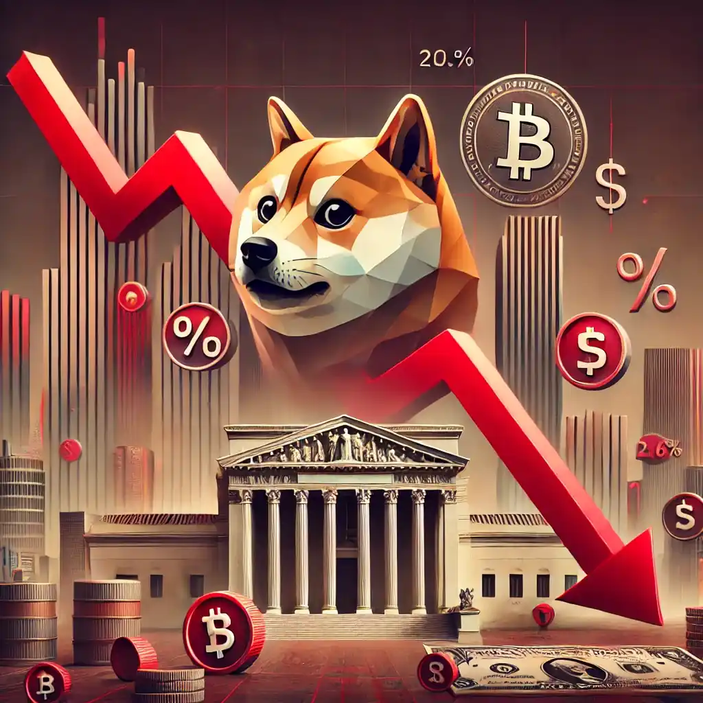 Illustration réaliste représentant la baisse du Dogecoin avec un graphique en déclin, le logo Dogecoin, et des éléments symboliques liés à la Réserve fédérale.