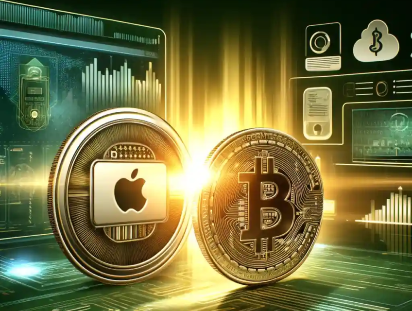 A sleek digital artwork showcasing the integration of Coinbase and Apple Pay, featuring a glowing Apple Pay icon merging with a Bitcoin coin against a futuristic background with financial graphs and digital payment symbols.