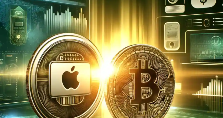 A sleek digital artwork showcasing the integration of Coinbase and Apple Pay, featuring a glowing Apple Pay icon merging with a Bitcoin coin against a futuristic background with financial graphs and digital payment symbols.