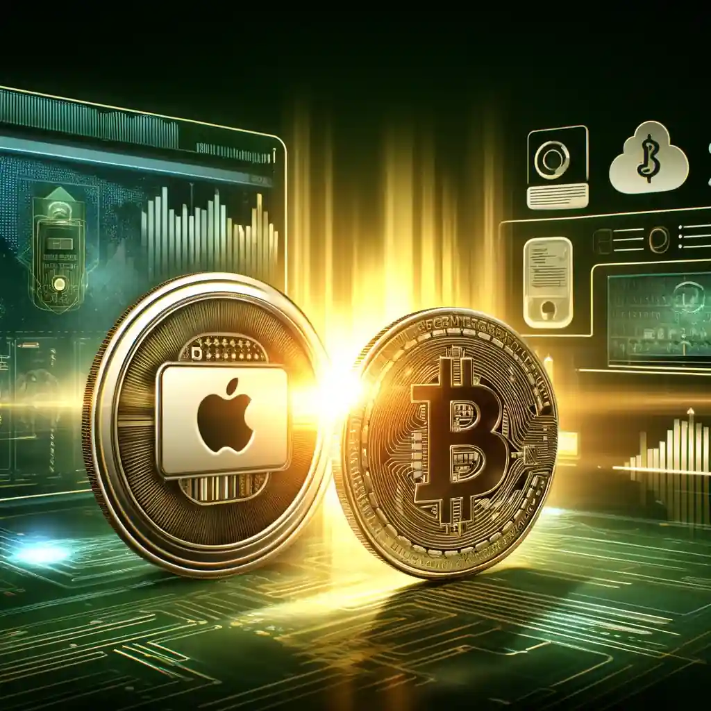 A sleek digital artwork showcasing the integration of Coinbase and Apple Pay, featuring a glowing Apple Pay icon merging with a Bitcoin coin against a futuristic background with financial graphs and digital payment symbols.