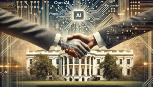 Illustration réaliste montrant une collaboration symbolique entre des entreprises technologiques comme OpenAI et Perplexity, avec un arrière-plan de la Maison Blanche et des éléments de design futuristes liés à l'intelligence artificielle.