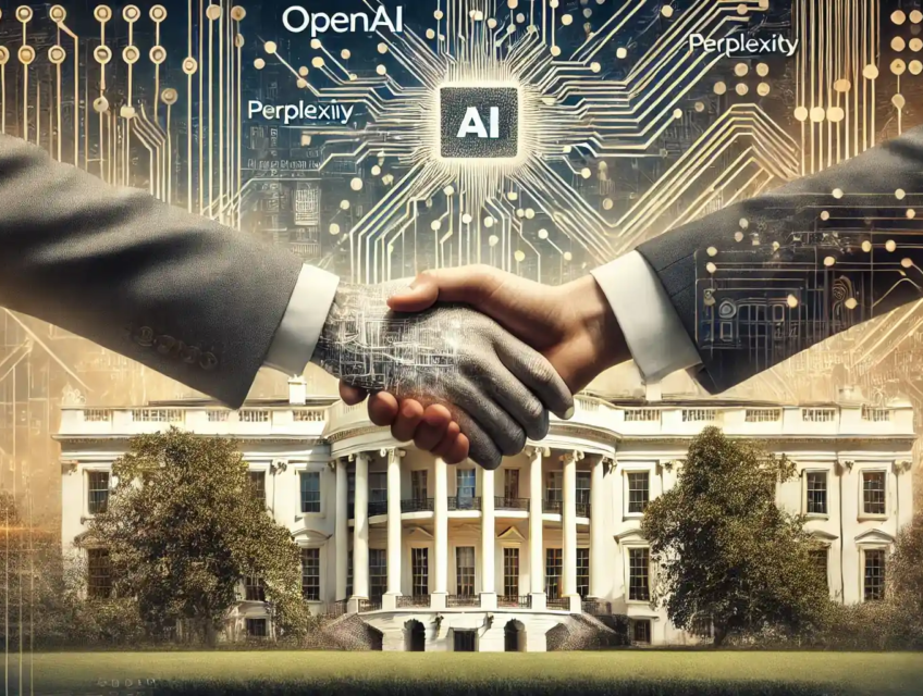Illustration réaliste montrant une collaboration symbolique entre des entreprises technologiques comme OpenAI et Perplexity, avec un arrière-plan de la Maison Blanche et des éléments de design futuristes liés à l'intelligence artificielle.