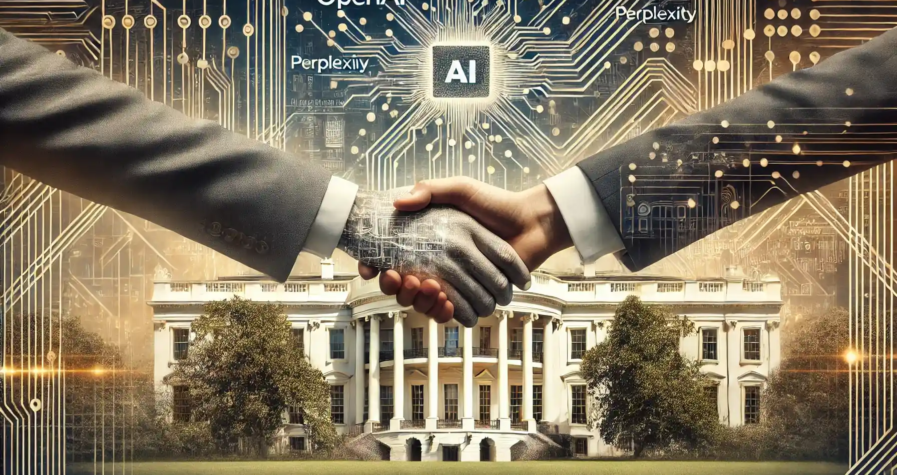 Illustration réaliste montrant une collaboration symbolique entre des entreprises technologiques comme OpenAI et Perplexity, avec un arrière-plan de la Maison Blanche et des éléments de design futuristes liés à l'intelligence artificielle.