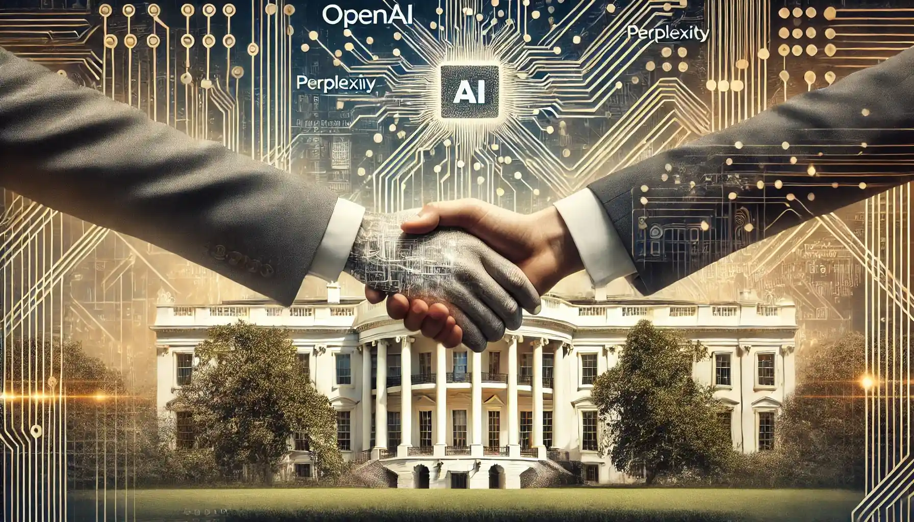 Illustration réaliste montrant une collaboration symbolique entre des entreprises technologiques comme OpenAI et Perplexity, avec un arrière-plan de la Maison Blanche et des éléments de design futuristes liés à l'intelligence artificielle.