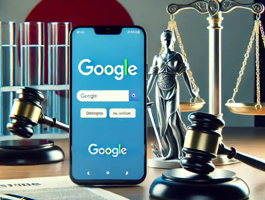 Une illustration réaliste représentant le conflit antitrust entre Google et le gouvernement japonais, avec des smartphones affichant l'interface de recherche Google, un drapeau japonais, et une balance de justice en arrière-plan, symbolisant l'équité et la régulation.
