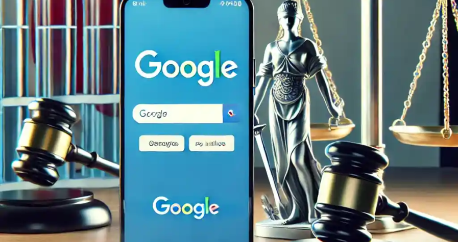 Une illustration réaliste représentant le conflit antitrust entre Google et le gouvernement japonais, avec des smartphones affichant l'interface de recherche Google, un drapeau japonais, et une balance de justice en arrière-plan, symbolisant l'équité et la régulation.