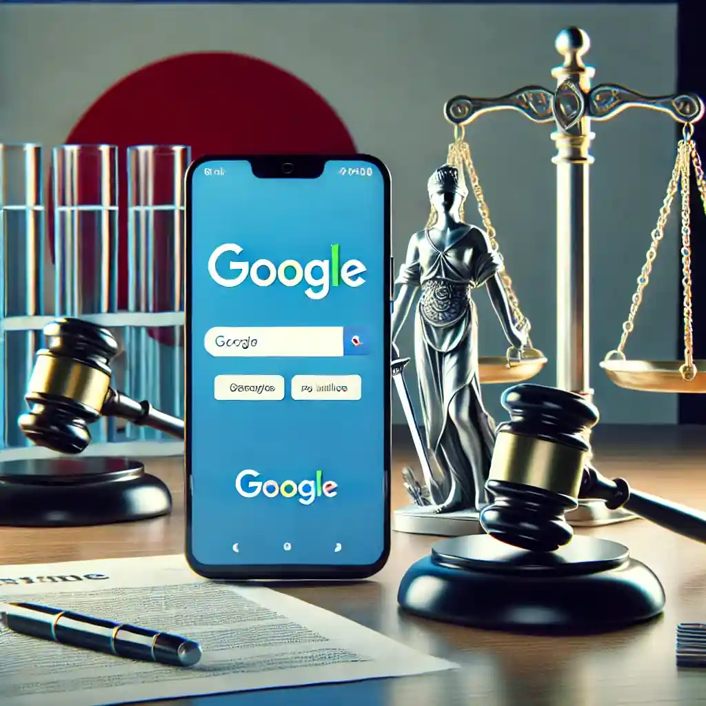 Une illustration réaliste représentant le conflit antitrust entre Google et le gouvernement japonais, avec des smartphones affichant l'interface de recherche Google, un drapeau japonais, et une balance de justice en arrière-plan, symbolisant l'équité et la régulation.
