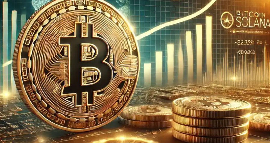 A depiction of Bitcoin and Solana coins with financial graphs and blockchain visuals in the background, symbolizing the crypto market’s growth in 2024.