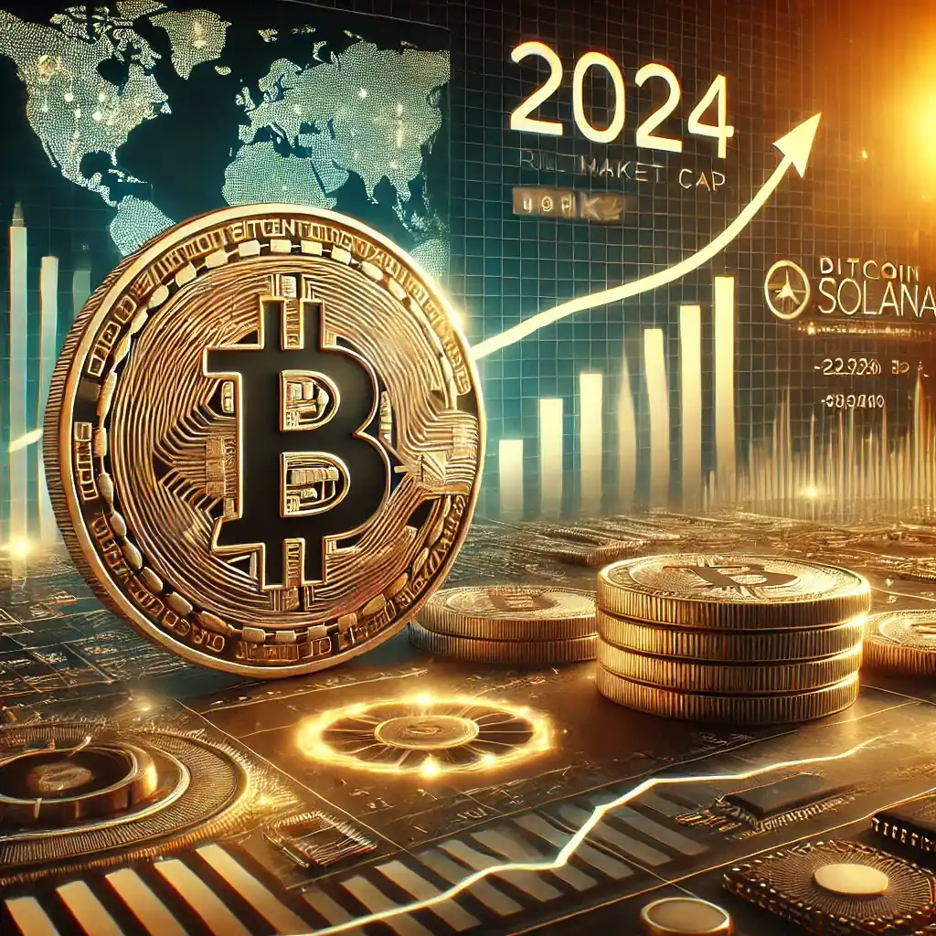 A depiction of Bitcoin and Solana coins with financial graphs and blockchain visuals in the background, symbolizing the crypto market’s growth in 2024.