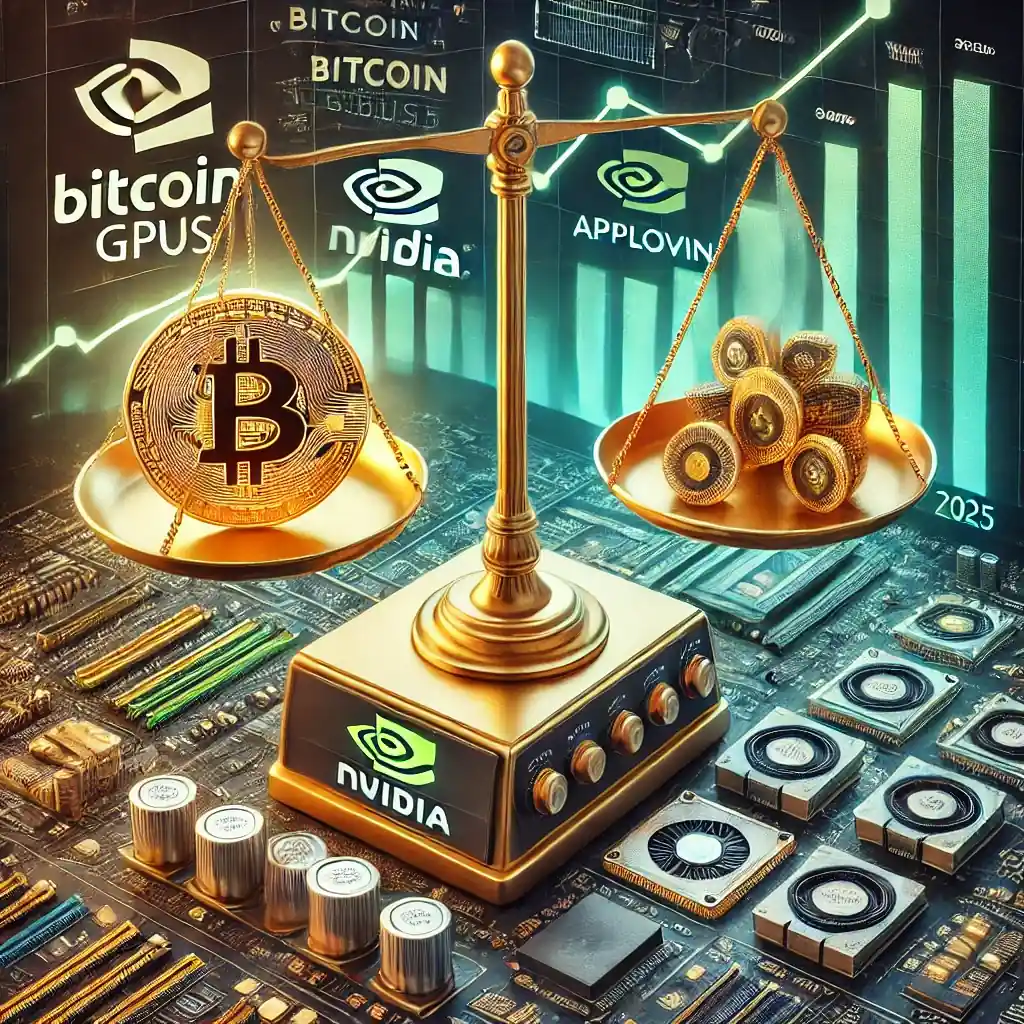A golden Bitcoin coin contrasted with tech visuals including Nvidia GPUs, AppLovin graphs, and Taiwan Semiconductor chips on a balanced scale.