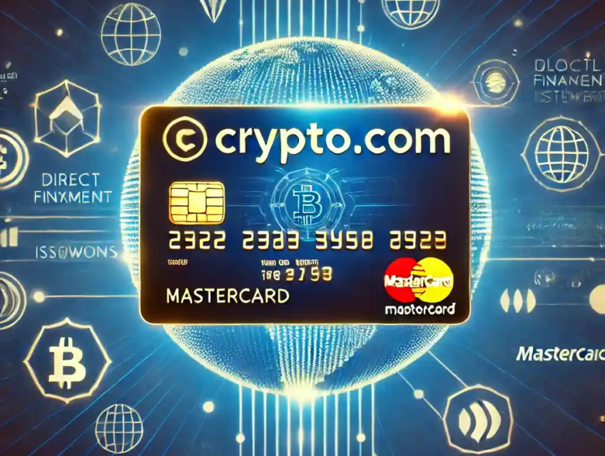 A digital artwork featuring a glowing Crypto.com card with a Mastercard logo on a royal blue background, surrounded by cryptocurrency symbols and global payment network icons, highlighting innovation and connectivity.