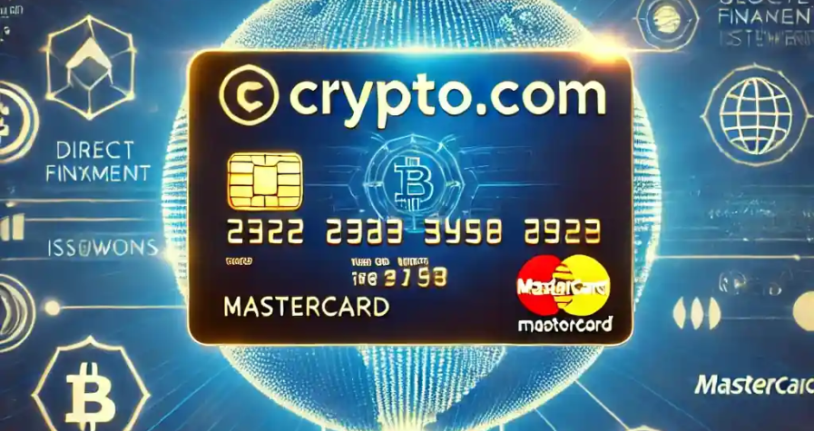 A digital artwork featuring a glowing Crypto.com card with a Mastercard logo on a royal blue background, surrounded by cryptocurrency symbols and global payment network icons, highlighting innovation and connectivity.