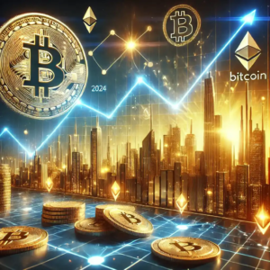 A visually striking digital illustration of the 2024 cryptocurrency market performance, highlighting Bitcoin and Solana with a futuristic cityscape and glowing financial growth charts.