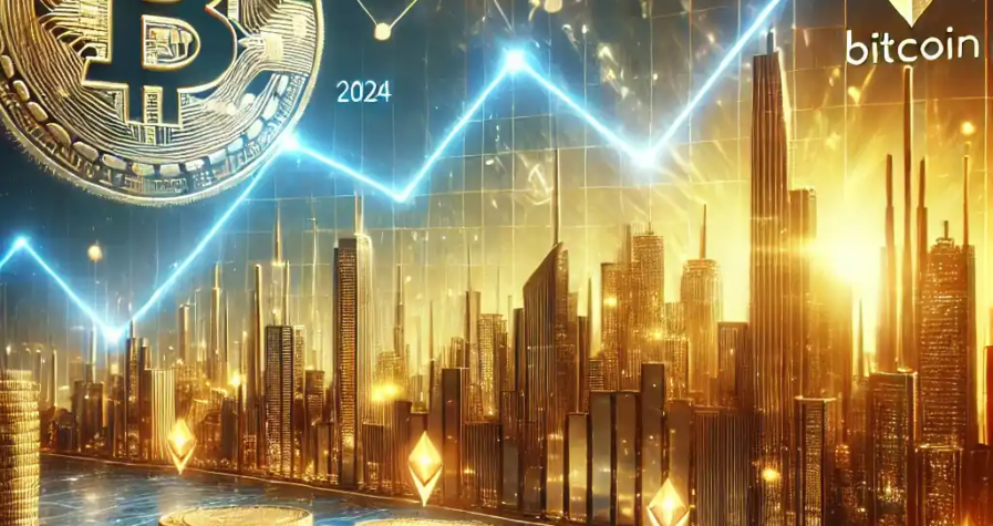 A visually striking digital illustration of the 2024 cryptocurrency market performance, highlighting Bitcoin and Solana with a futuristic cityscape and glowing financial growth charts.