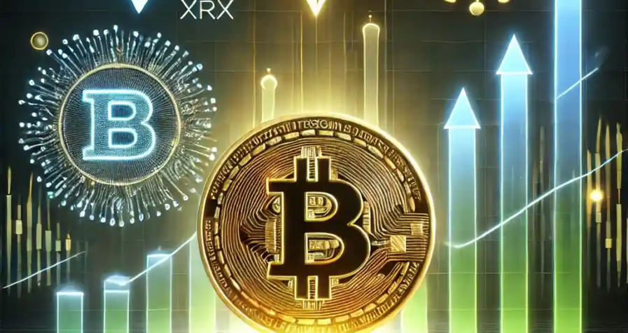 A digital artwork showcasing the cryptocurrency market rally, with a glowing Bitcoin surpassing $100,000 alongside Tron, XRP, and Hedera symbols and upward financial graphs, set against a futuristic blockchain network.