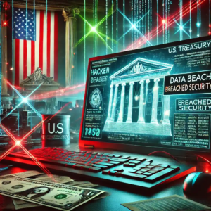 Une illustration réaliste représentant une cyberattaque ciblant le Trésor américain, avec des éléments visuels tels qu’un écran affichant un code piraté, un drapeau américain en arrière-plan et des lignes de connexion symbolisant l'implication de hackers internationaux.