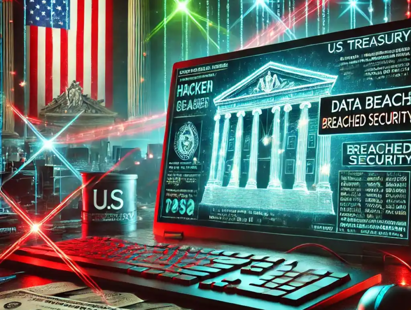 Une illustration réaliste représentant une cyberattaque ciblant le Trésor américain, avec des éléments visuels tels qu’un écran affichant un code piraté, un drapeau américain en arrière-plan et des lignes de connexion symbolisant l'implication de hackers internationaux.