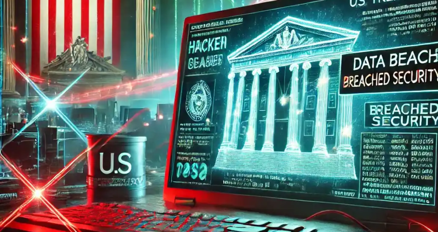 Une illustration réaliste représentant une cyberattaque ciblant le Trésor américain, avec des éléments visuels tels qu’un écran affichant un code piraté, un drapeau américain en arrière-plan et des lignes de connexion symbolisant l'implication de hackers internationaux.