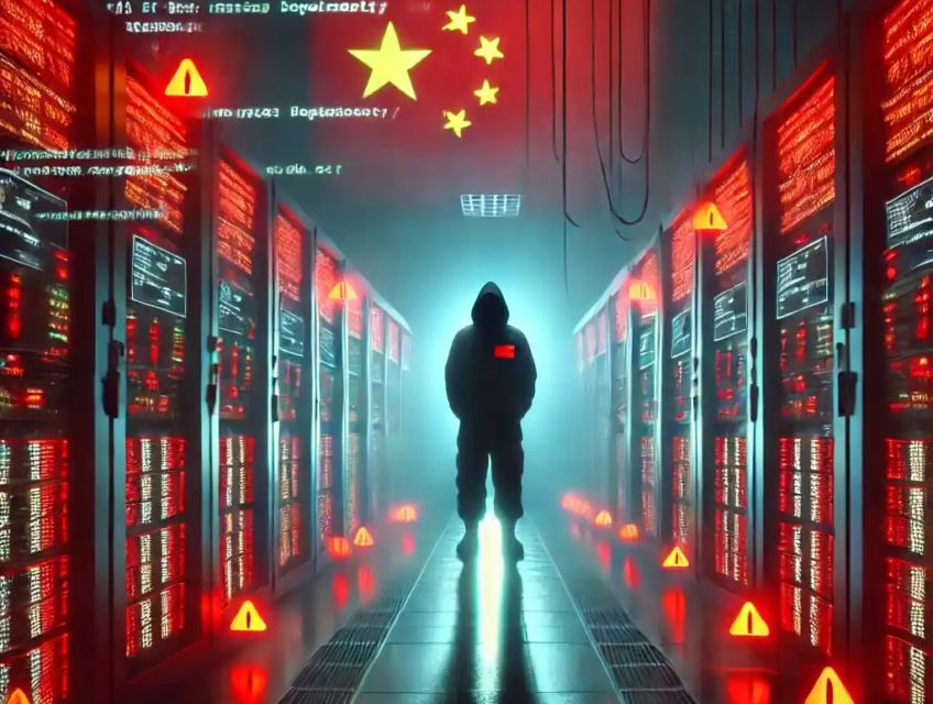 A realistic depiction of a cybersecurity breach targeting the U.S. Treasury Department. A dimly lit server room with glowing monitors showing red warning alerts and lines of code. In the background, a shadowy figure with a subtle Chinese flag emblem represents state-sponsored hacking.