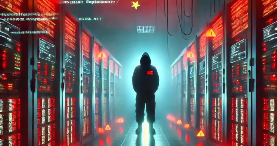 A realistic depiction of a cybersecurity breach targeting the U.S. Treasury Department. A dimly lit server room with glowing monitors showing red warning alerts and lines of code. In the background, a shadowy figure with a subtle Chinese flag emblem represents state-sponsored hacking.