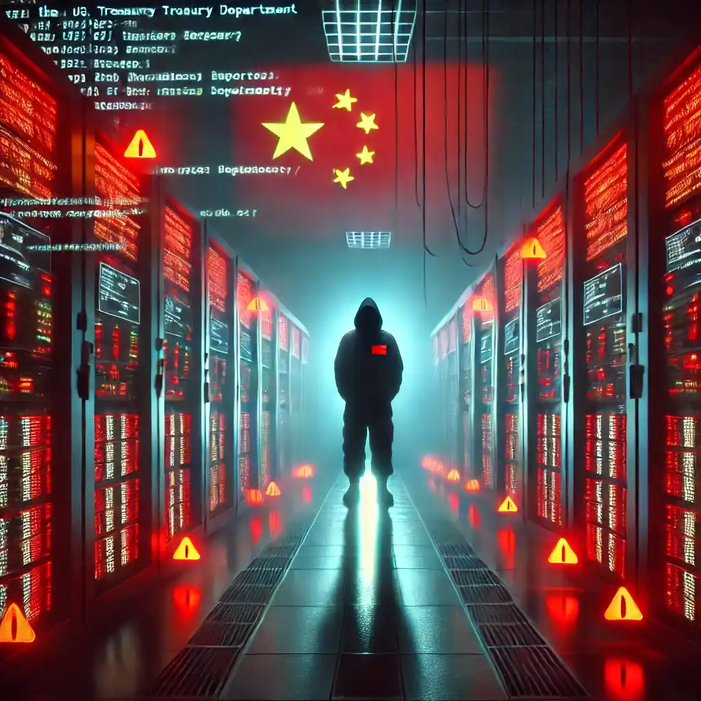 A realistic depiction of a cybersecurity breach targeting the U.S. Treasury Department. A dimly lit server room with glowing monitors showing red warning alerts and lines of code. In the background, a shadowy figure with a subtle Chinese flag emblem represents state-sponsored hacking.