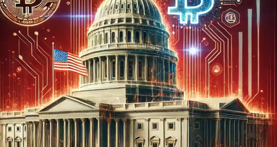 A digital artwork featuring a futuristic government building surrounded by glowing Bitcoin symbols and AI neural networks, set against a crimson background, symbolizing innovation in cryptocurrency and AI policy.