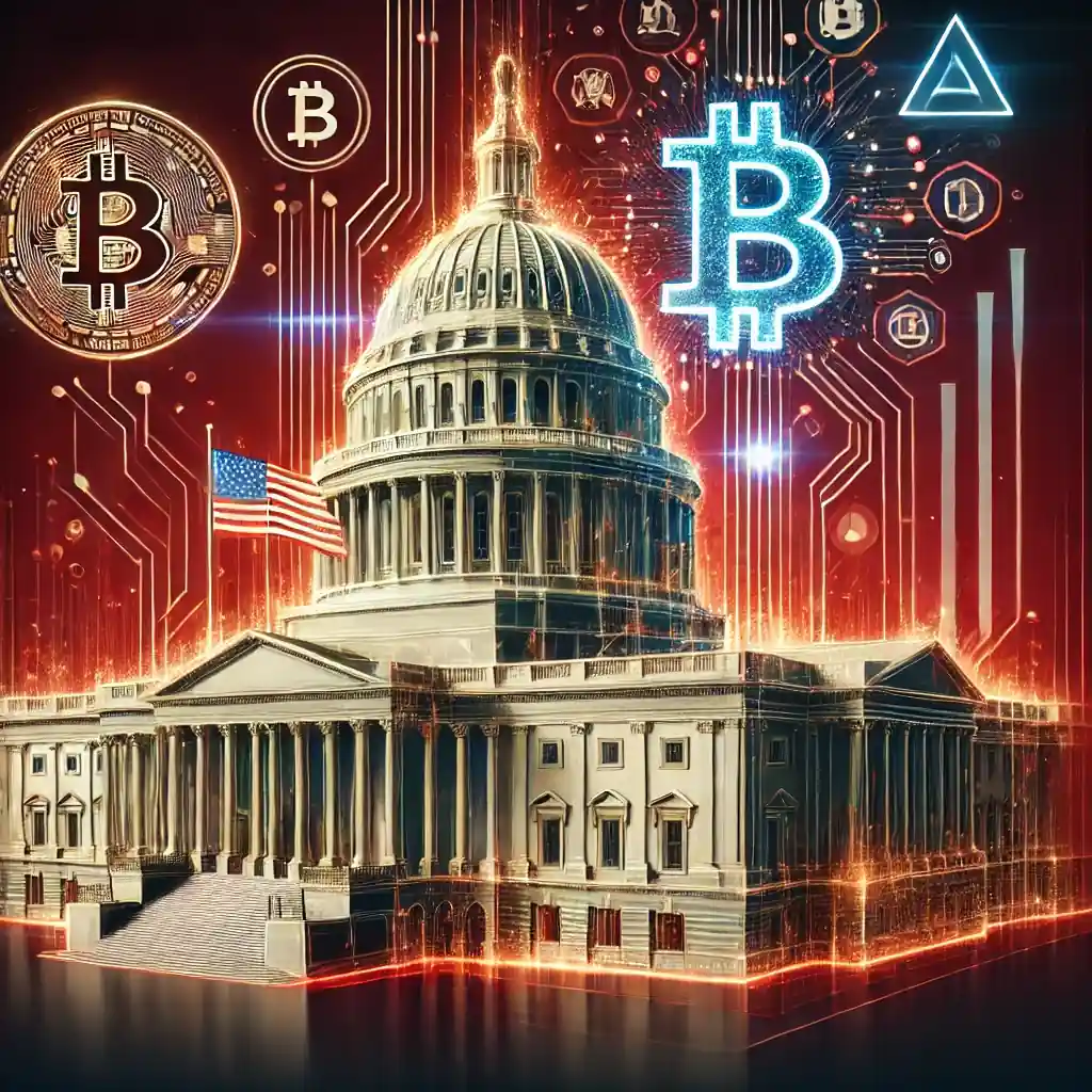 A digital artwork featuring a futuristic government building surrounded by glowing Bitcoin symbols and AI neural networks, set against a crimson background, symbolizing innovation in cryptocurrency and AI policy.