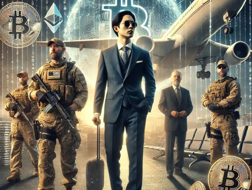 A dramatic scene of Do Kwon being escorted by FBI agents at an international airport, symbolizing his extradition amid a cryptocurrency collapse.