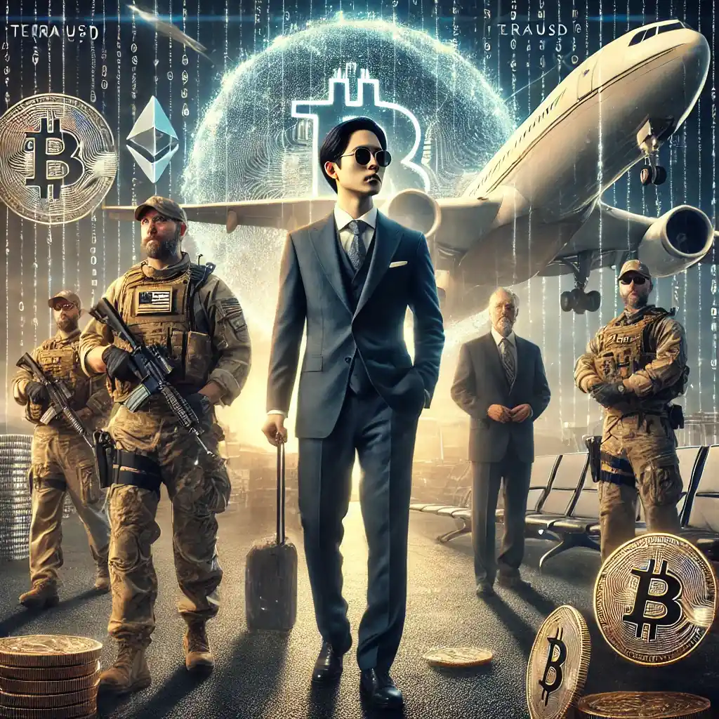 A dramatic scene of Do Kwon being escorted by FBI agents at an international airport, symbolizing his extradition amid a cryptocurrency collapse.